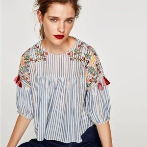 Lulumari Blue and White Puff Sleeve Blouse with Bib Collar